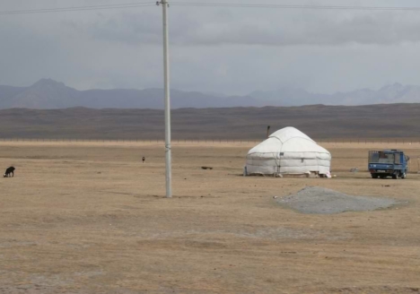 Jurte in Steppe. Pickup rechts daneben. Grasendes Tier links. Im Hintergrnd Gebirge