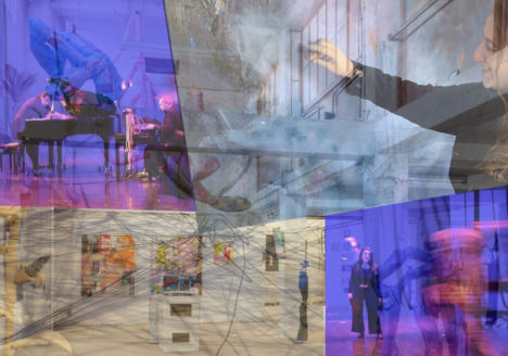 Bilder von Musikern und Musikerinnen die sich überlagen und Kunstinstallationen