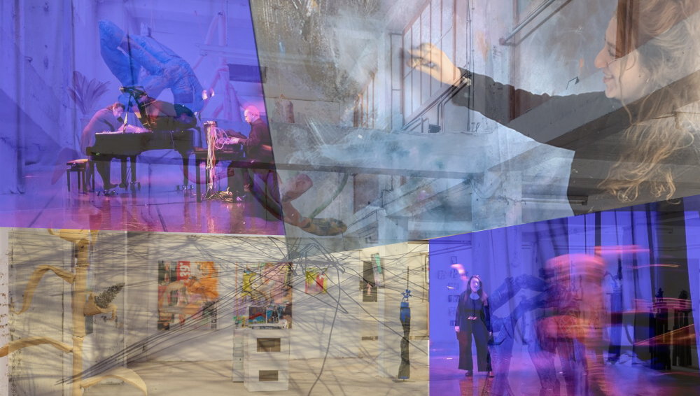 Bilder von Musikern und Musikerinnen die sich überlagen und Kunstinstallationen